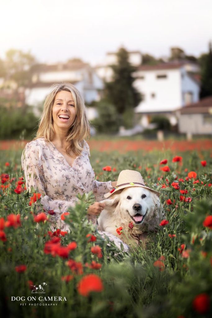Una mujer y su perro golden retriever de excursión en Cataluña en el campo de amapolas 